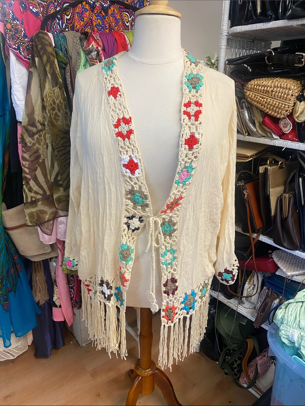 Bohemian Western Crochet-Trim Cream Fringe lightweight cardigan